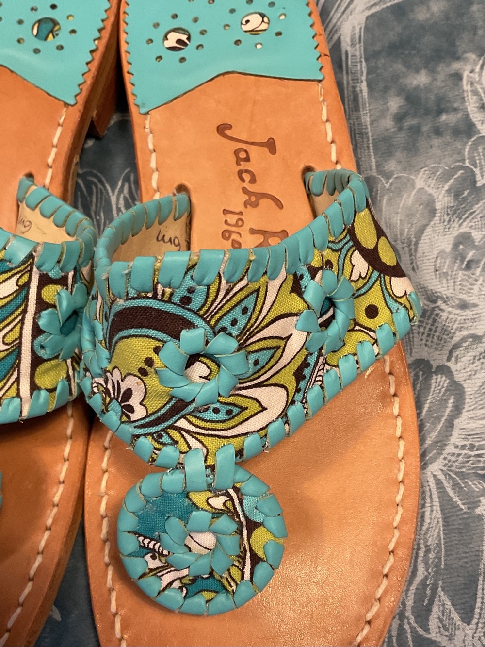 Jack Rogers Turquoise Floral Pattern Leather Thong Sandals - Picture 2 of 6
